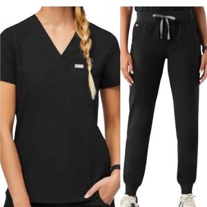 FIGS Catarina Scrub Top Zamora Jogger High Waist Pants Uniform Set Black Small